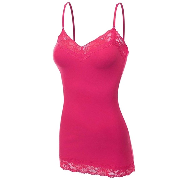 Tops - Camisole Lace Trim V-Neck Spaghetti Straps H Pink